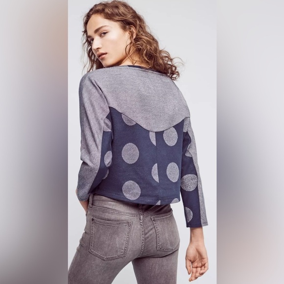 Anthropologie POSTMARK Navy & Silver METALLIC DOT SWEATSHIRT Crop Top Sz M - Picture 2 of 4